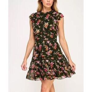 Trixxi Jrs.Floral Flutter Sleeve Mini Dress Green Pink Rose Ladder Lace Tiered L